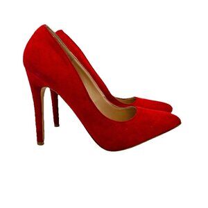 Glaze Shoes Womens Size 7.5 Red High Heels Faux Suede Stiletto Pumps Pointy Toe